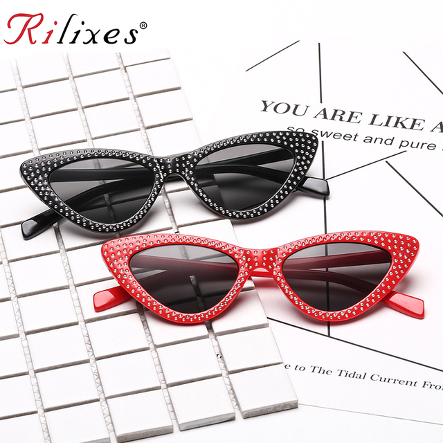 Okulary przeciwsłoneczne klasyczne Cat Eye RILIXES damskie - czarno-białe trójkątne Vintage, seksowne i śliczne z filtrami UV400 - tanie ubrania i akcesoria