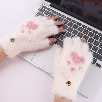 Mitenki pluszowe rękawiczki bez palców z motywem słodkiego kociaka, idealne na zimowe jazdy