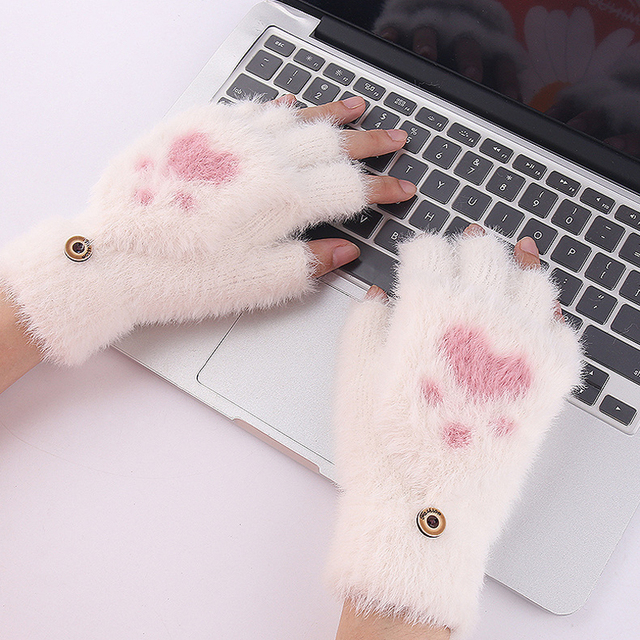 Mitenki pluszowe rękawiczki bez palców z motywem słodkiego kociaka, idealne na zimowe jazdy - tanie ubrania i akcesoria