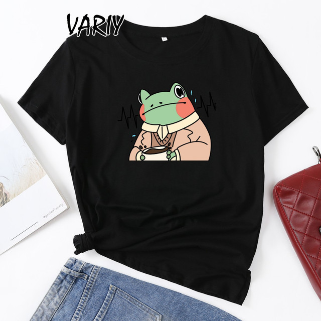 Koszula damska Cartoon Thinking Frog - T-shirt letni z pięknym graficznym motywem - tanie ubrania i akcesoria
