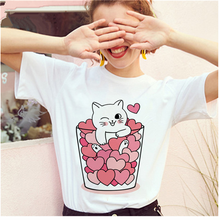 Koszulka damskiego T-shirtu z nadrukiem kotka kawaii do herbaty AOWOF - letnie, luźne Streetwear koszulki Harajuku dla kobiet