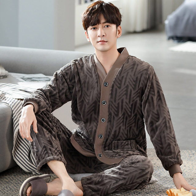 Męska jesienno-zimowa gruba flanelowa piżama z długim rękawem w jednolitym kolorze i ciepłym dekoltem w szpic, rozmiar 3XL - tanie ubrania i akcesoria