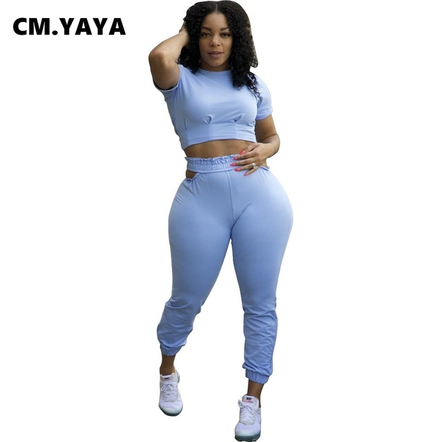 CM.YAYA Kobiety dres jednolity, Crop top z krótkim rękawem i smukłe ołówkowe spodnie w zestawie, sportowy strój na lato - Spodnium - tanie ubrania i akcesoria