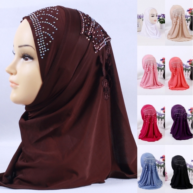 Muzułmański hidżab turban dla dziewcząt z frędzlami Amira cap chusta na głowę dla dzieci 3-8 lat - tanie ubrania i akcesoria
