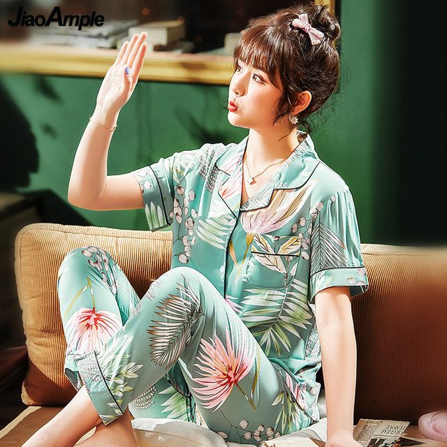 2021 Letnia Piżama Damska z Nadrukiem - Zestaw Koreańskiej Mody Kwiatowej - Bawełna i Satyna - Topy i Spodnie Nocne - tanie ubrania i akcesoria