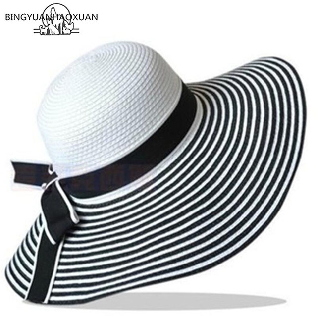 Czarny kapelusz słomkowy z białymi paskami i kokardką - gorąca sprzedaż wiosennej mody dla kobiet - tanie ubrania i akcesoria