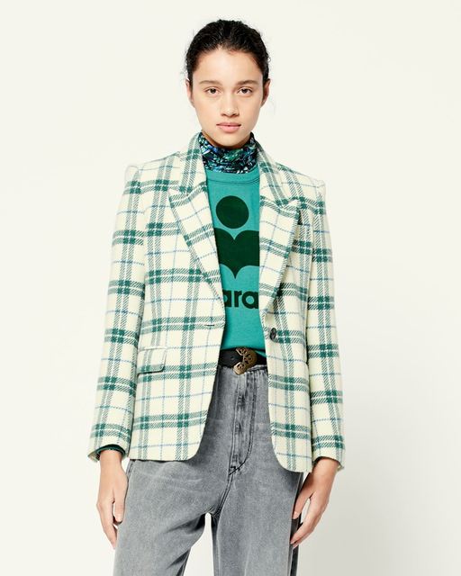 Zielony krótki płaszcz damski jesień 2021 w kratę wełniany, jednorzędowy blezer, długi rękaw - tanie ubrania i akcesoria
