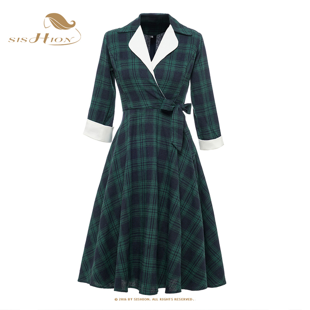 Elegancka zielona sukienka w kratę z długim rękawem i głębokim dekoltem V - model Hepburn VD2536 - tanie ubrania i akcesoria