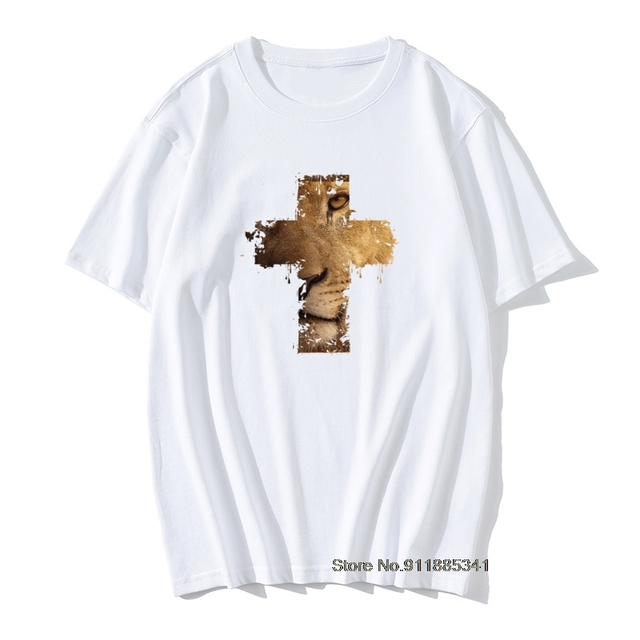Męska koszulka z nadrukiem lwa, krzyża i zwierzęcia, wykonana na zamówienie z bawełny - tanie ubrania i akcesoria