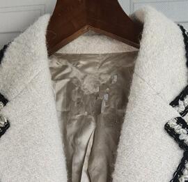 Nowy płaszcz damski jesienno-zimowy Retro Tweed - kontrastowy kolor, ozdobna wstążka, z dzianiny dresowej
