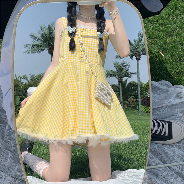 Kawaii Lolita sukienka na ramiączkach 2021: japońska koronkowa mini sukienka w żółte chusteczki - tanie ubrania i akcesoria
