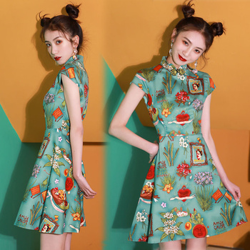 Etniczna sukienka Qipao vintage z drukiem linii Hanfu - stylizowana chińska moda