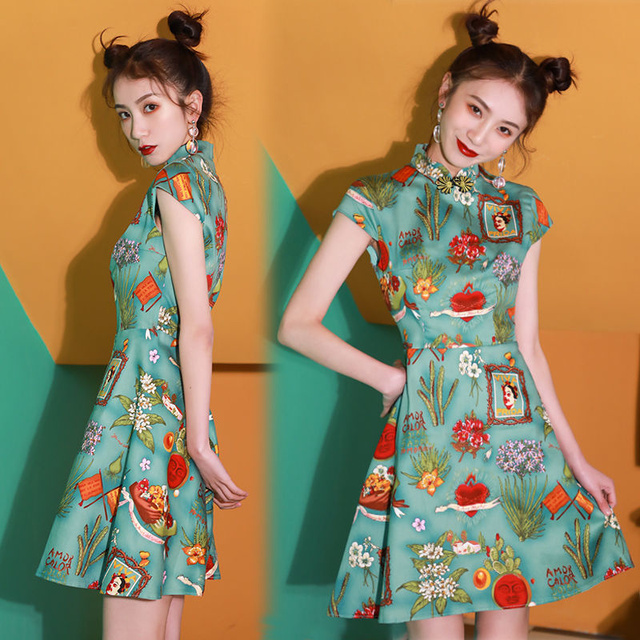 Etniczna sukienka Qipao vintage z drukiem linii Hanfu - stylizowana chińska moda - tanie ubrania i akcesoria