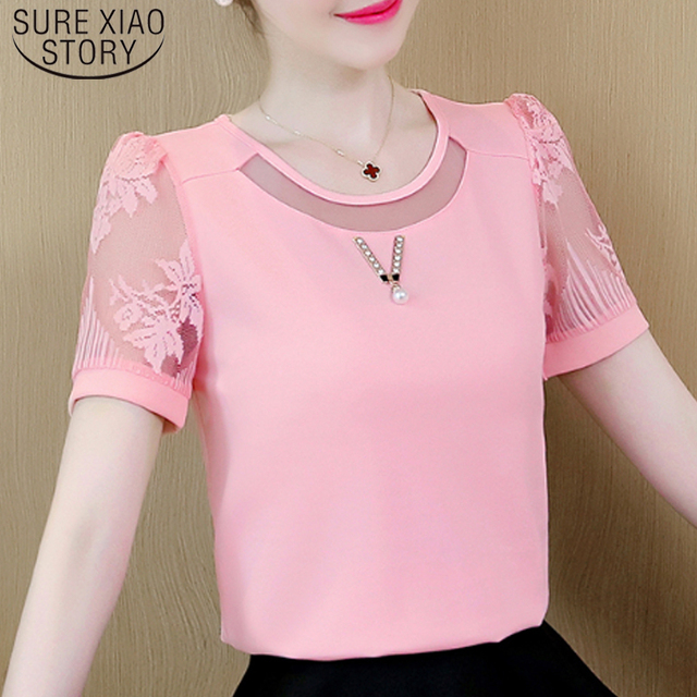 Koreańska koszulka damska mesh w różowym kolorze - krótki rękaw, plus size - letni top 2022 (4688) - tanie ubrania i akcesoria